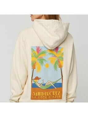 Rosa Cha St. Tropez Cream Graphic Boxy Sweatshirt Hoodie Size Medium